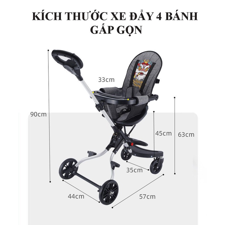 Xe đẩy em bé 2in1 4 bánh xoay 2 chiều, ngã lưng tiện lợi kiêm ghế ăn dặm cho bé với hoa văn màu sắc độc lạ