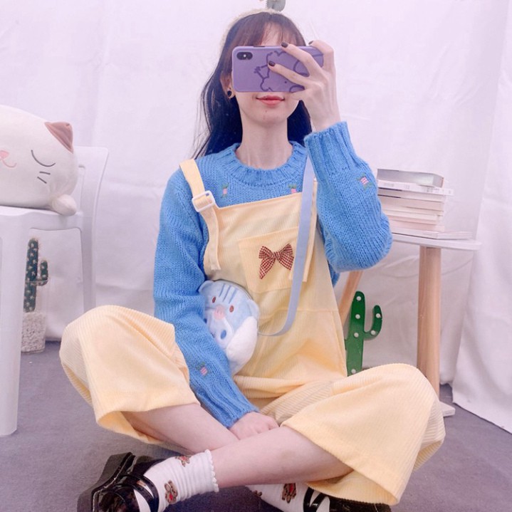 [ORDER TMALL 147 ] Quần Yếm Gân Tăm Túi Nơ Ngực Siêu Xịn