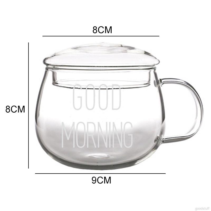 Cốc thủy tinh chịu nhiệt 350ml có nắp tròn in chữ thiết kế đơn giản