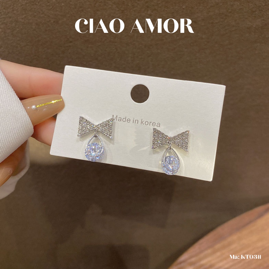 Khuyên tai nữ, Bông tai nữ nụ nơ bạc đính đá to dưới Trang sức Ciao Amor - KT0311