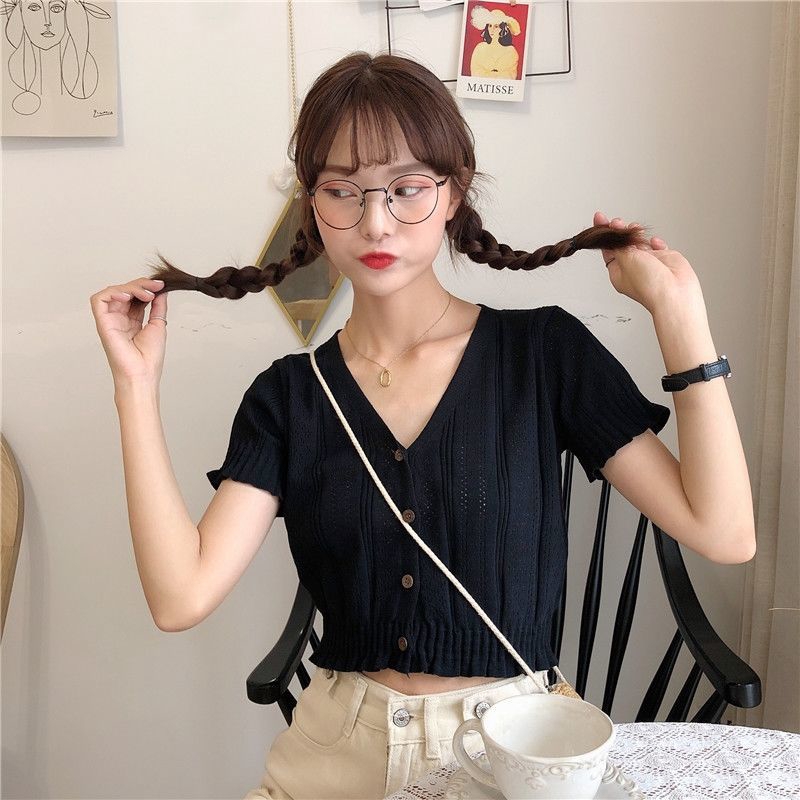 Kiểu dáng Jenny Hàn Quốc Cổ chữ V cài cúc áo crop top dệt kim mỏng vừa vặn