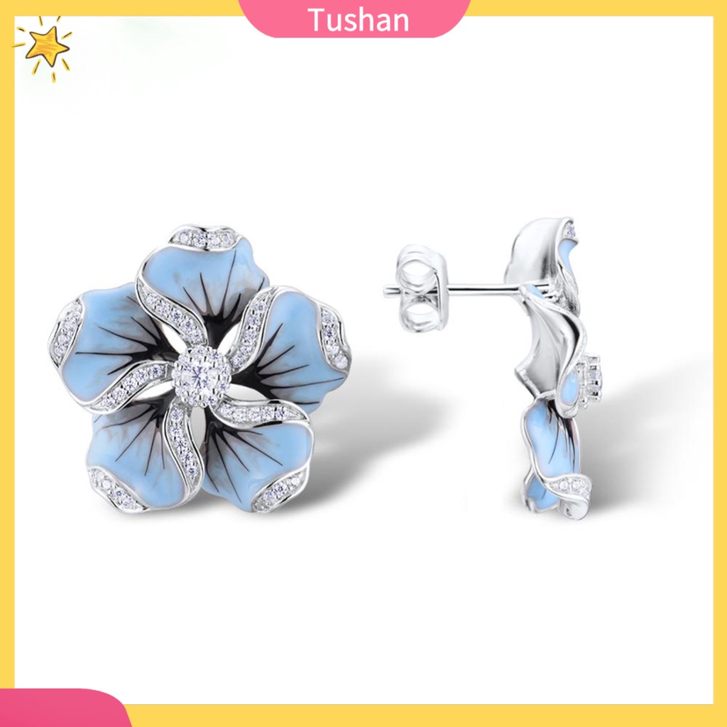 TUSH Women Cubic Zirconia Inlaid Enamel Flower Ear Stud Earrings Wedding Jewelry Gift
