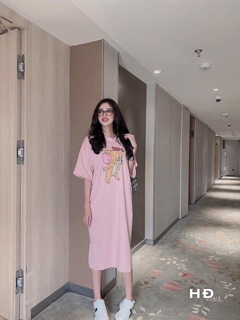 ĐẦM COTTON SuÔNG-Váy suông in hình chuột jeny dáng dài 1m(k may túi hông) | BigBuy360 - bigbuy360.vn