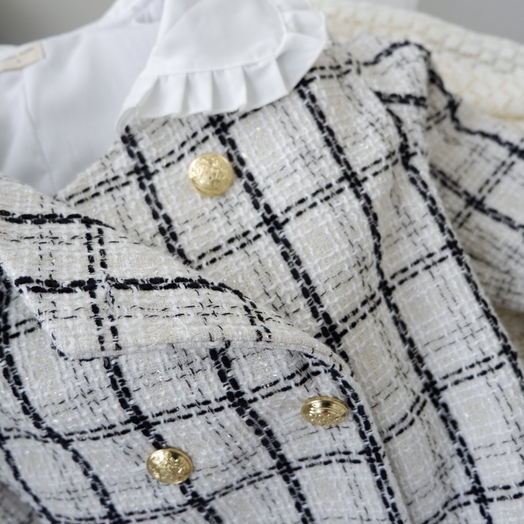 Váy bé gái Kiwy Kids chất liệu tweed sành điệu Kid2105 khuy cài có thể mặc thành áo khoác dáng dài cho bé 6 đến 11 tuổi