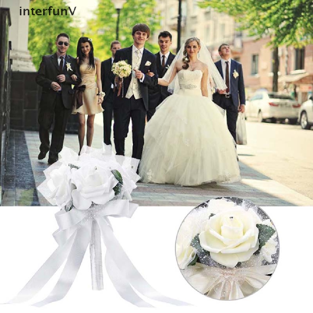 [InterfunV] Bó Hoa Hồng Giả Cầm Tay Bằng Lụa Trang Trí Phù Dâu / Tiệc Cưới