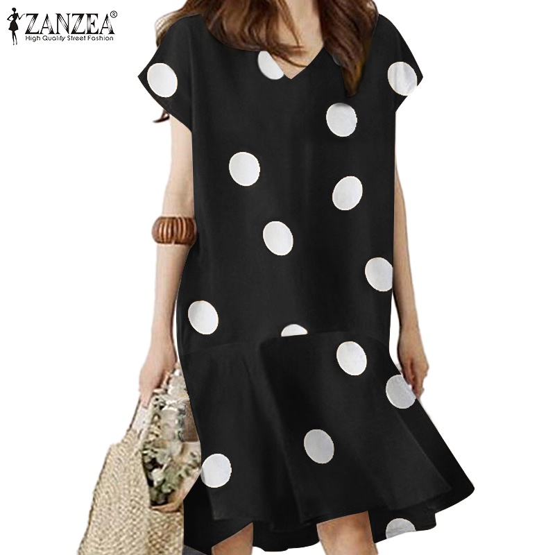 Đầm mini ZANZEA tay ngắn họa tiết chấm bi nhún bèo vintage phong cách thường ngày dành cho nữ