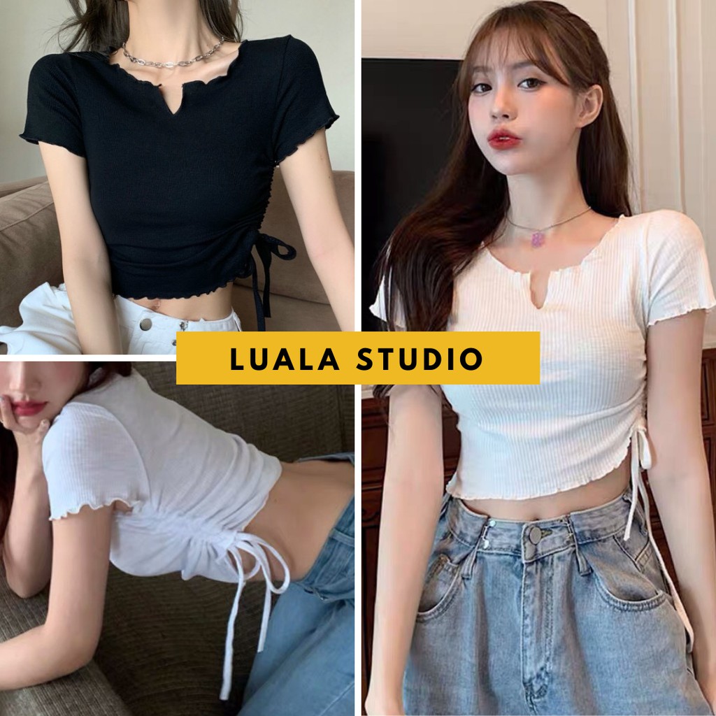 Áo croptop rút dây nữ Luala kiểu ôm sexy, đường may cuốn biên chất thun gân co giãn, form ngắn màu trơn Ulzzang Freesize