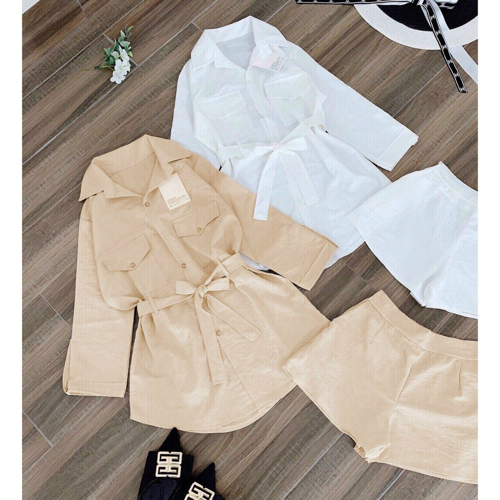 Set Áo Sơ Mi Tay Dài Buộc Nơ Eo Và Quần Ngắn ROSE FASHION