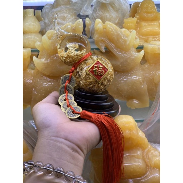 Bình hồ lô dát vàng đá pha lê treo xu ngũ đế in chữ phúc trưng phong thủy bình an may mắn