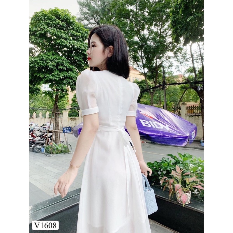 Đầm dự tiệc nữ trắng dễ thương dự tiệc dạo phố đều xinh vải may 2 lớp có nơ thắt eo | BigBuy360 - bigbuy360.vn