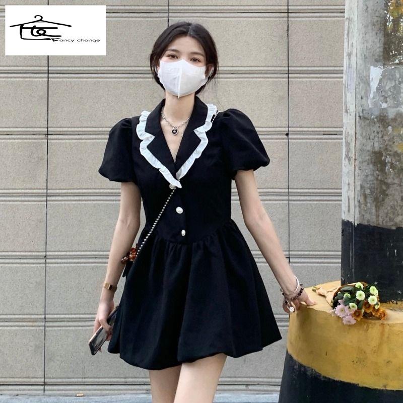 Đầm Ngắn Tay Phồng Màu Đen Phong Cách Pháp Cổ Điển Thời Trang Mùa Xuân Cho Nữ 2022
