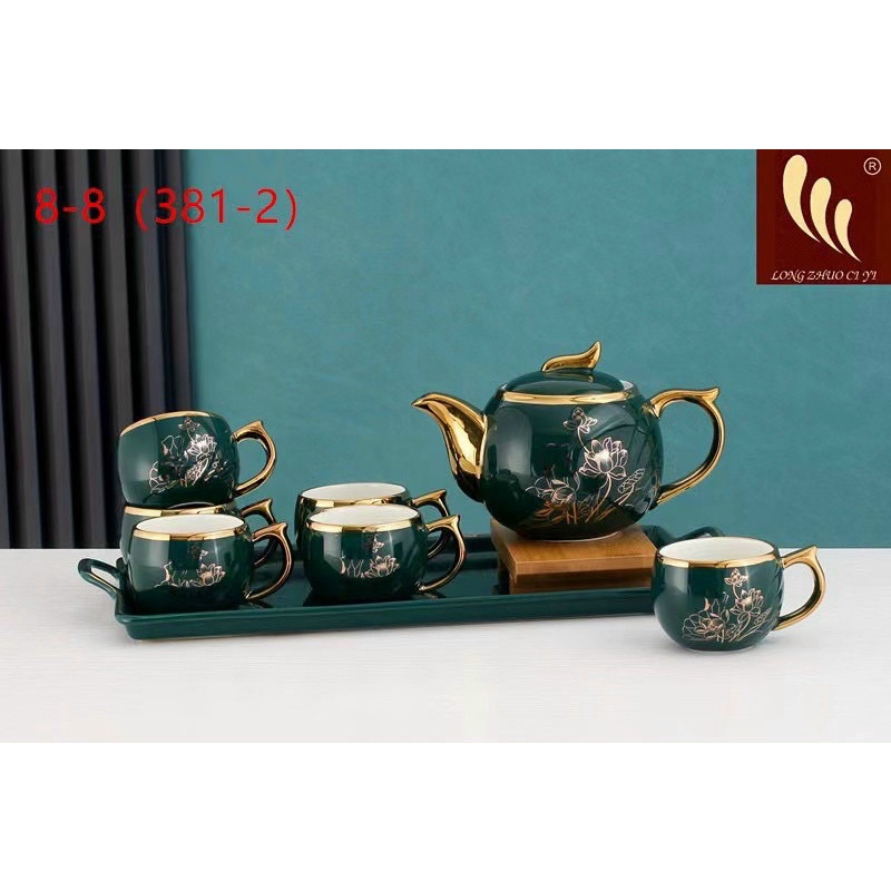 Bộ ấm chén sứ xanh ngọc hoa sen Bộ ấm chén cối xoay sang trọng Huydecor