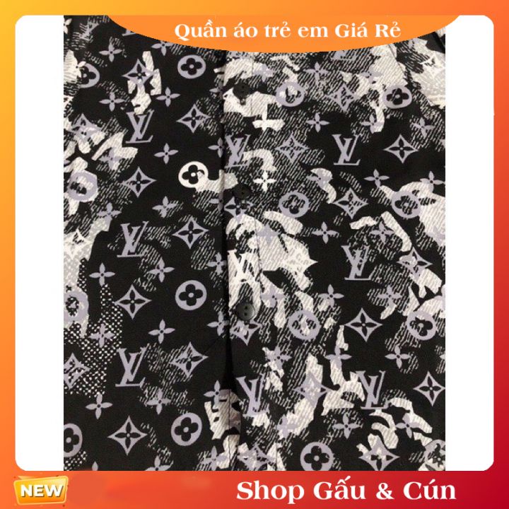 Áo sơmi lụa cho bé trai họa tiết lv màu đen và nâu 9-14kg