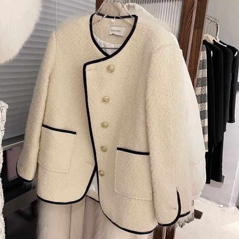 Áo khoác dạ tweed viền đen