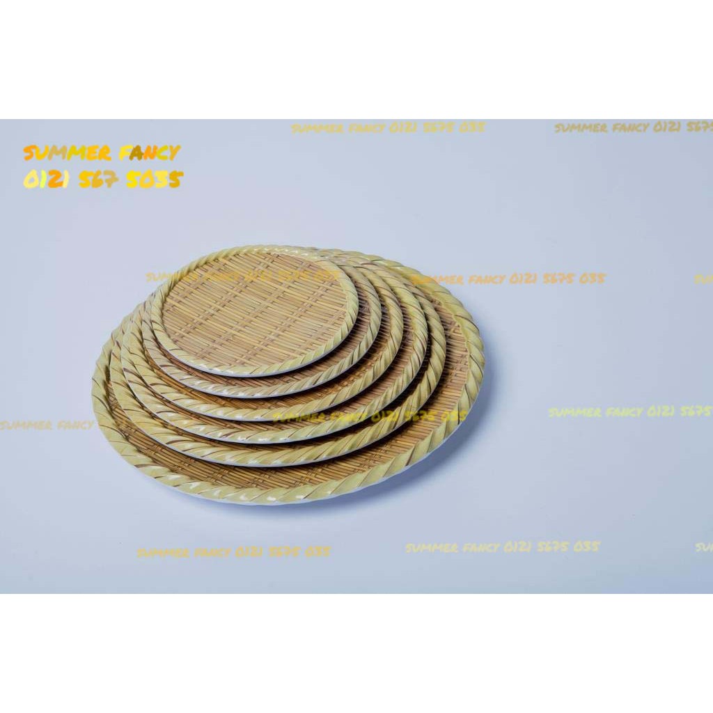 Dĩa 27cm tròn nhựa melamine phíp hoa văn mây đan , Dĩa tre  - Bamboo shaped plate F-DTR08