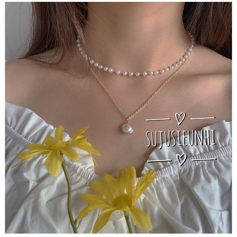 Set vòng cổ choker 2 dây liền ngọc nhỏ sang chảnh