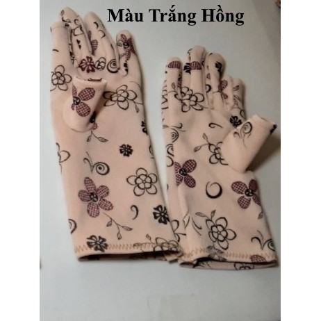 GĂNG TAY BAO TAY NỮ CHỐNG NẮNG 2 LỚP LOẠI 3 TẤC HỞ 2 NGÓN In hình bông cúc Chất liệu thun cát co giãn