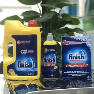 Bột rửa bát Finish 2.5kg + Muối Finish 1.2kg + Nước làm bóng Finish 400ml ( NK EU )