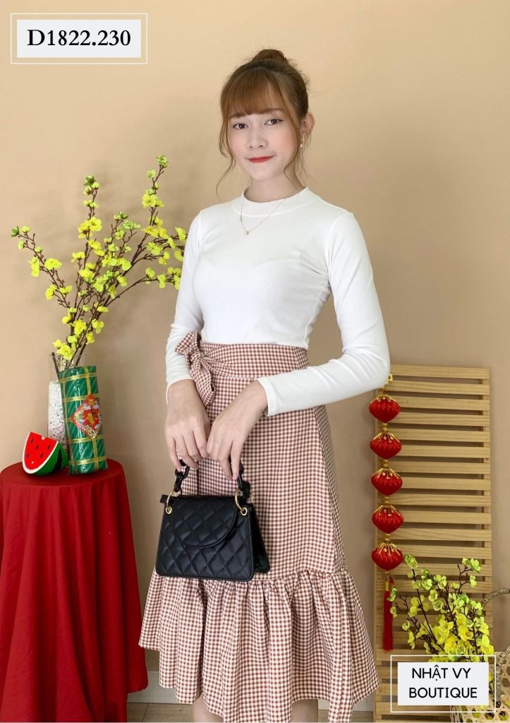 Chân Váy Nữ NHẬT VY Caro Đuôi Cá Cột Nơ Thắt Eo Công Sở Dáng Xòe Màu Đen, Nâu - D1822
