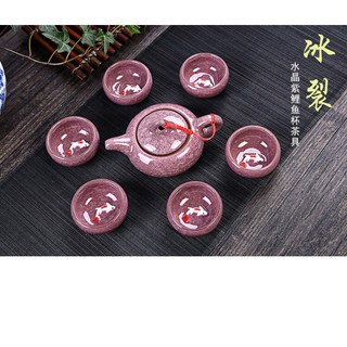 Bộ ấm chén uống trà in cá 3D tráng men