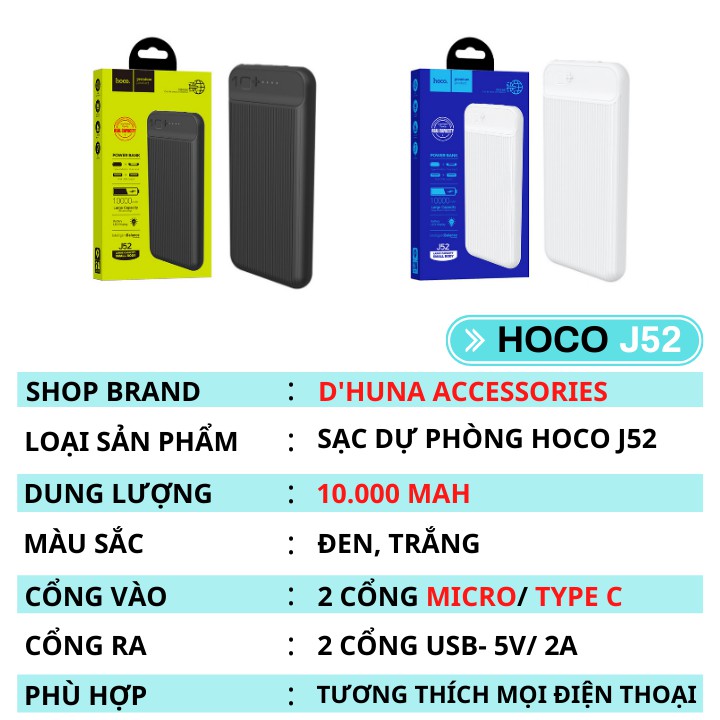 Sạc Dự Phòng Hoco J52 Pin Sạc Dự Phòng 10000mah Cho Iphone Samsung Oppo Giá Rẻ Nhỏ Gọn D'HUNA