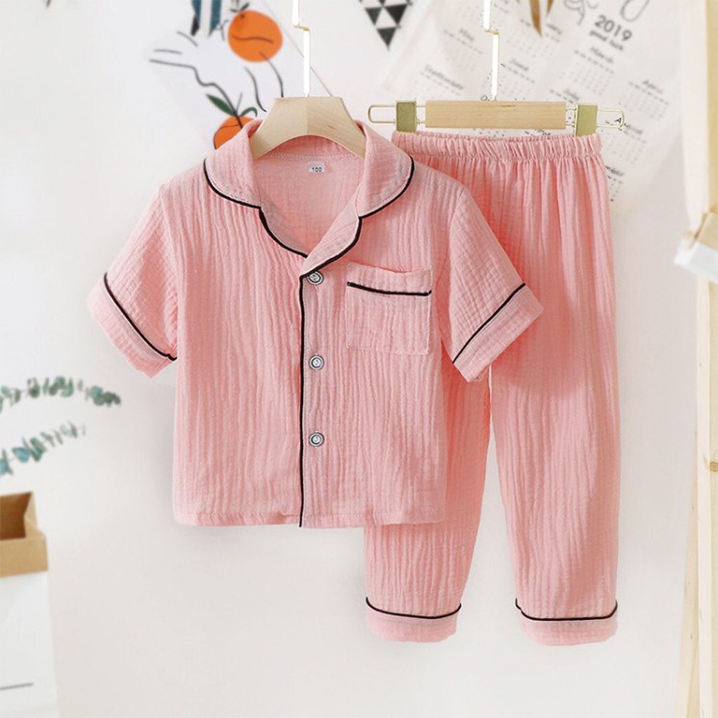 Bộ pijama cho bé chất đũi trơn, bộ đồ ngủ tay ngắn trẻ em