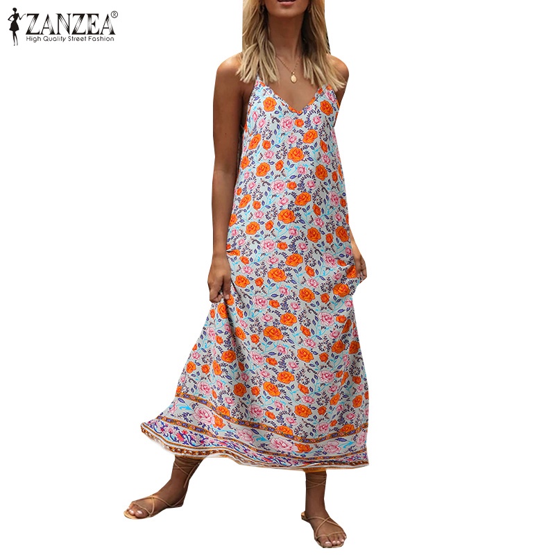 Đầm hai dây Zanzea dáng dài cổ chữ V in họa tiết phong cách Tây Âu trẻ trung thời trang cho nữ