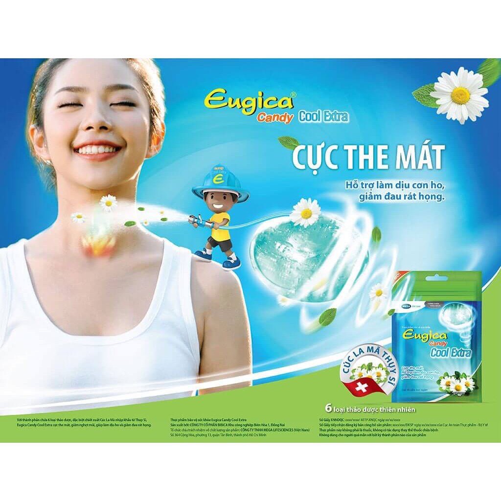 Kẹo Ngậm Thông Phế Mát Họng Eugica Candy Cool Extra (Bịch 15 viên)