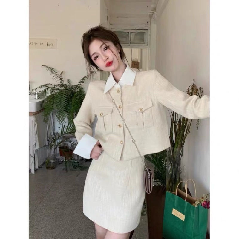 Order | Set váy áo khoác dạ tweed cổ polo cổ điển