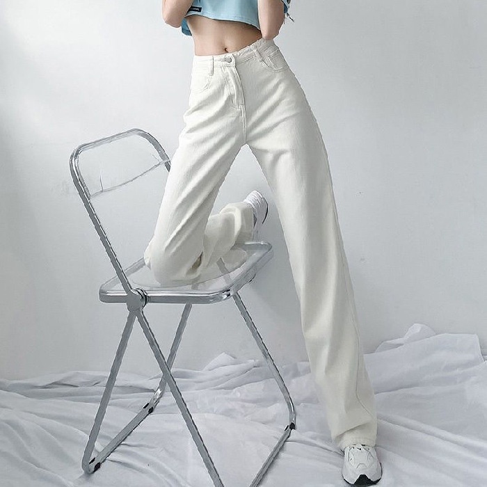 DUNEA Quần jean ống rộng lưng cao màu sáng thời trang cho nữ