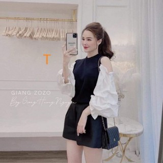Áo Hở Vai Phối Sơ Mi