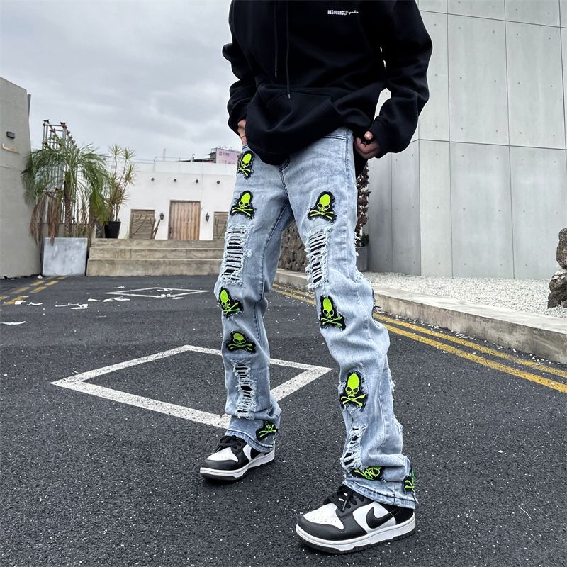 Quần jeans dài thêu họa tiết đầu lâu cá tính cho nam và nữ