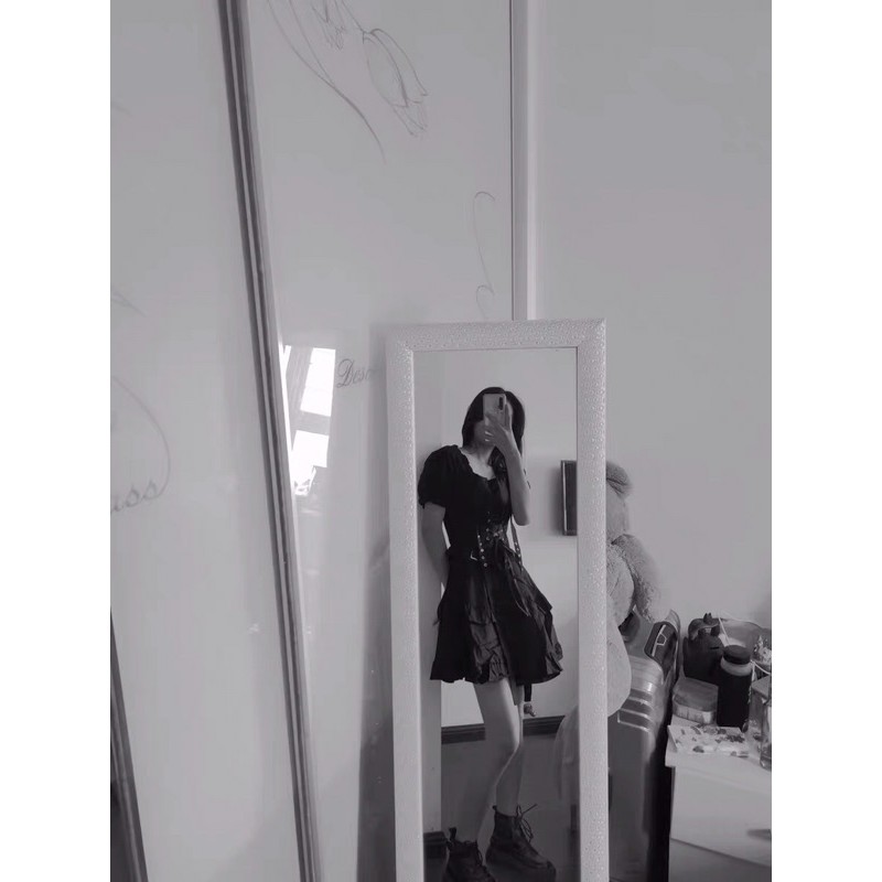 Đầm đen babydoll cổ vuông tay bồng kèm phụ kiện đai eo cosplay Ulzzang siêu chất ❤️
