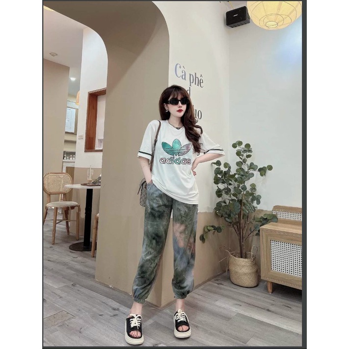 Đồ bộ thun form rộng áo thun cotton logo thêu họa tiết 3 lá quần thun lạnh loang màu