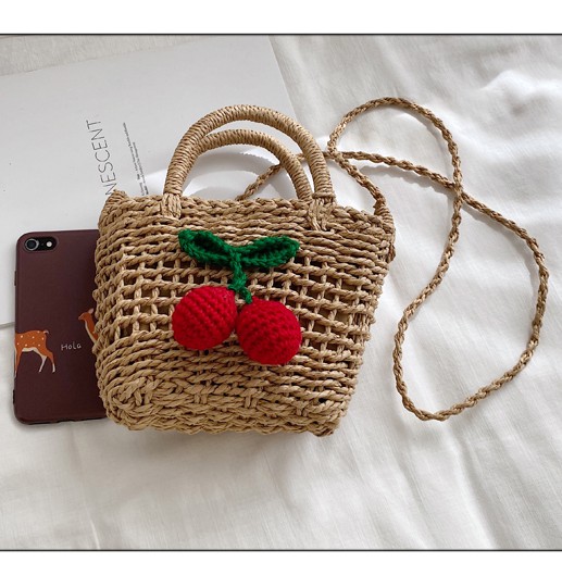Túi cói đi biển mini đính trái cherry, đan thưa, kiểu dáng Vintage dùng đi biển, dạo phố  rất xinh xắn[T334]