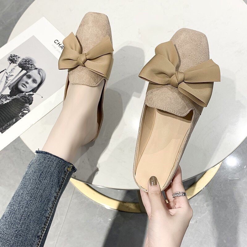 Giày sục nữ đế bệt chất da lộn thắt nơ tiểu thư cực xinh