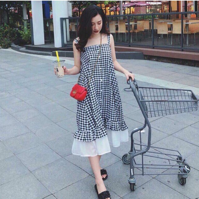 VÁY KẺ 2 DÂY CARO ĐUÔI BÈO ULLZANG -
