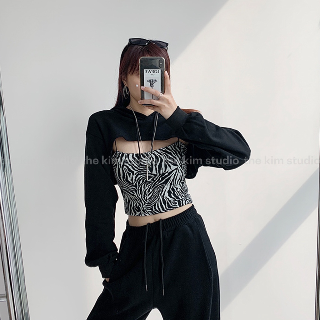 Áo nỉ có mũ dáng ngắn trên ngực ( Chỉ gồm áo ngoài, không kèm áo 2 dây ) , hoodie nỉ dài tay sexy ulzzang AN117