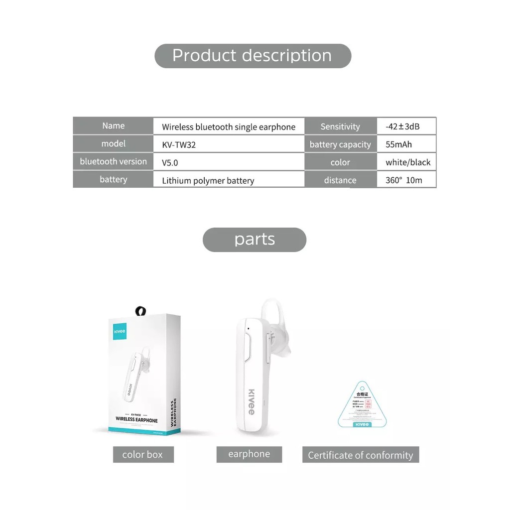 Tay nghe nhạc blueooth nhỏ gọn, tai bờ lu tút không dây chính hãng nghe nhạc, đàm thoại có Mic Kivee Tw32