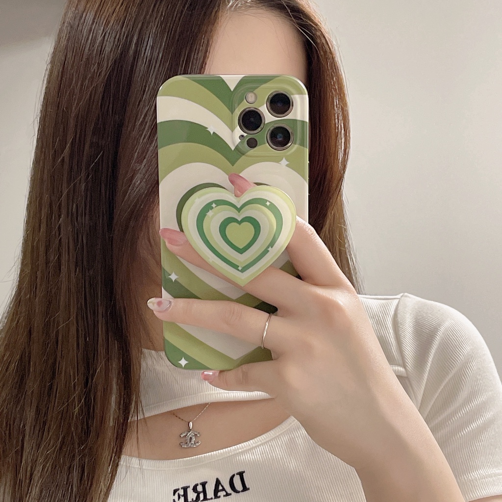 Ốp Điện Thoại Họa Tiết Trái Tim Màu Xanh Lá Ngọt Ngào Kèm Giá Đỡ Chống Sốc Cho Iphone