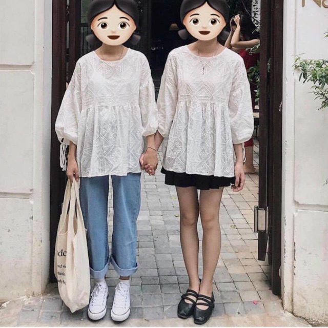 Áo babydoll hoa vuông tay lỡ ulzzang