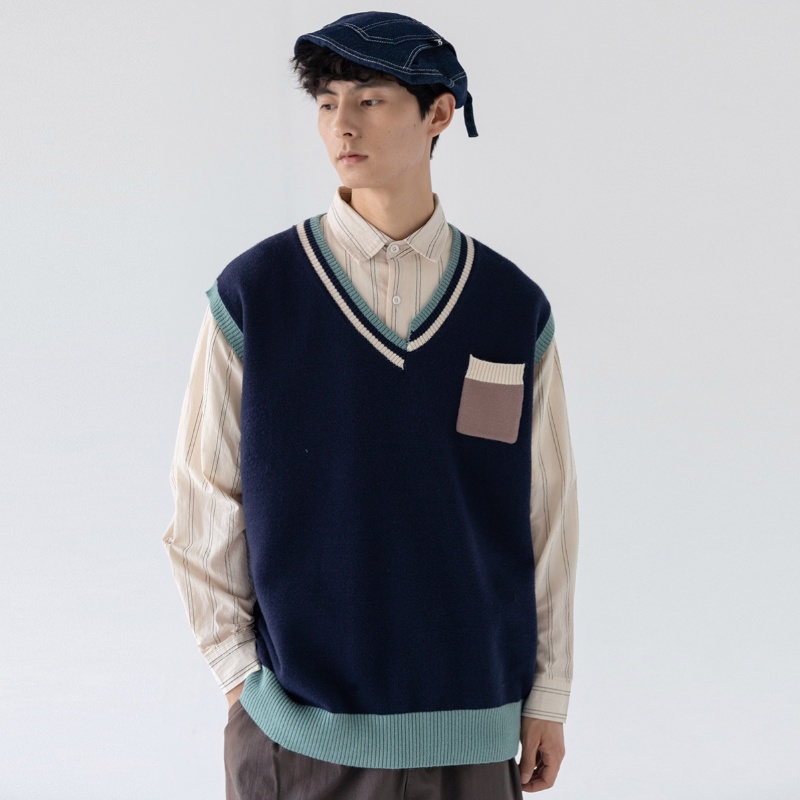 Áo Sweater Dệt Kim Sát Nách Phối Màu Sắc Tương Phản Kiểu Retro Nhật Bản Thời Trang Thu Đông Cho Nam Và Nữ 2022