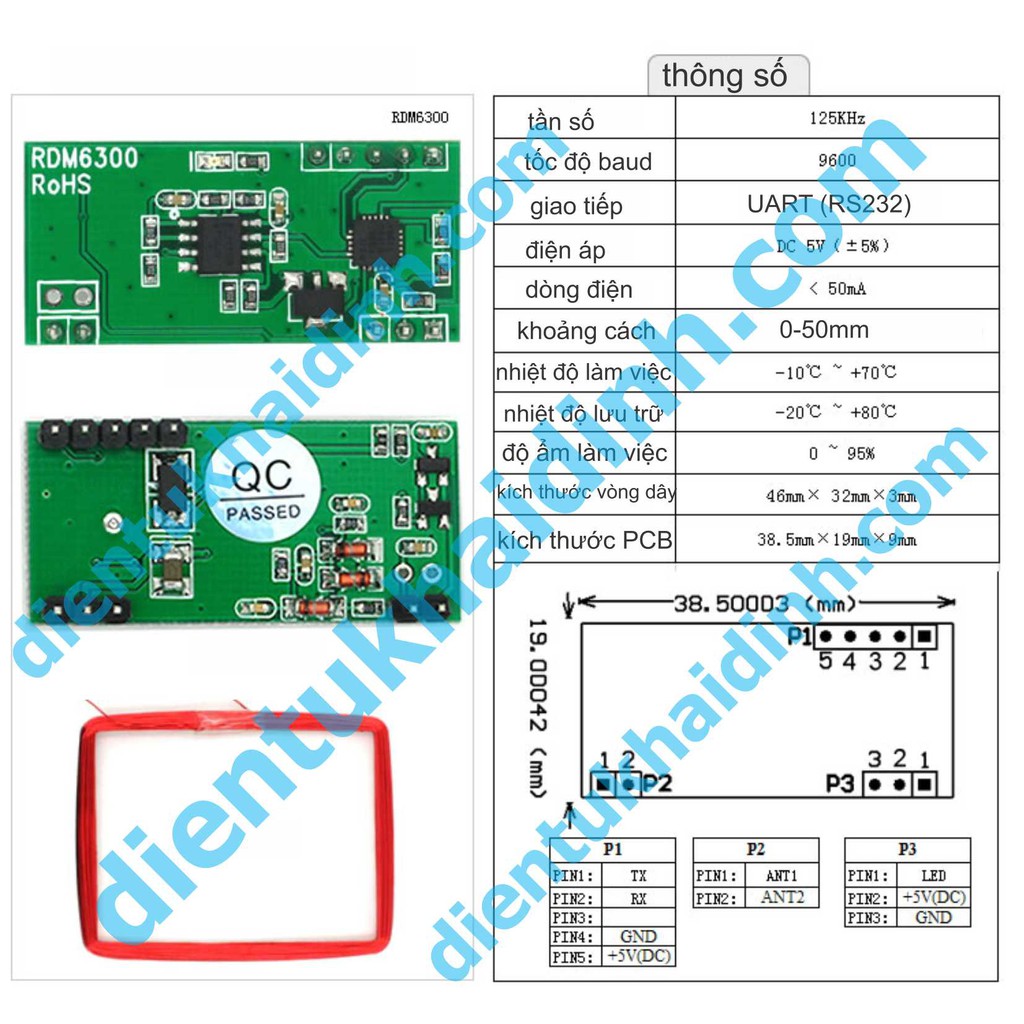 Module RFID RDM6300, giao tiếp UART, dùng với thẻ EM4100, 125Khz kde2155