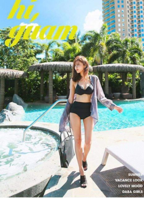 Bikini áo xoắn quần nhún đen cạp cao