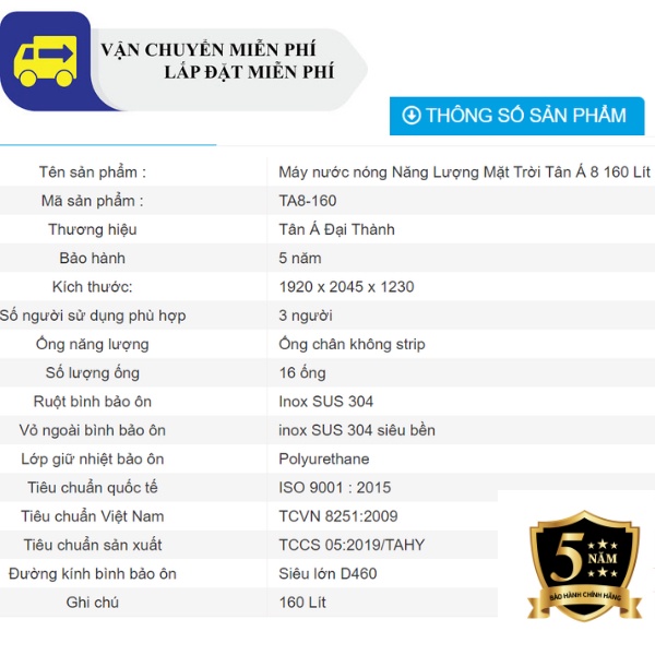 Máy nước nóng năng lượng mặt trời Tân Á 8-160L - MIỄN PHÍ GIAO HÀNG VÀ LẮP ĐẶT