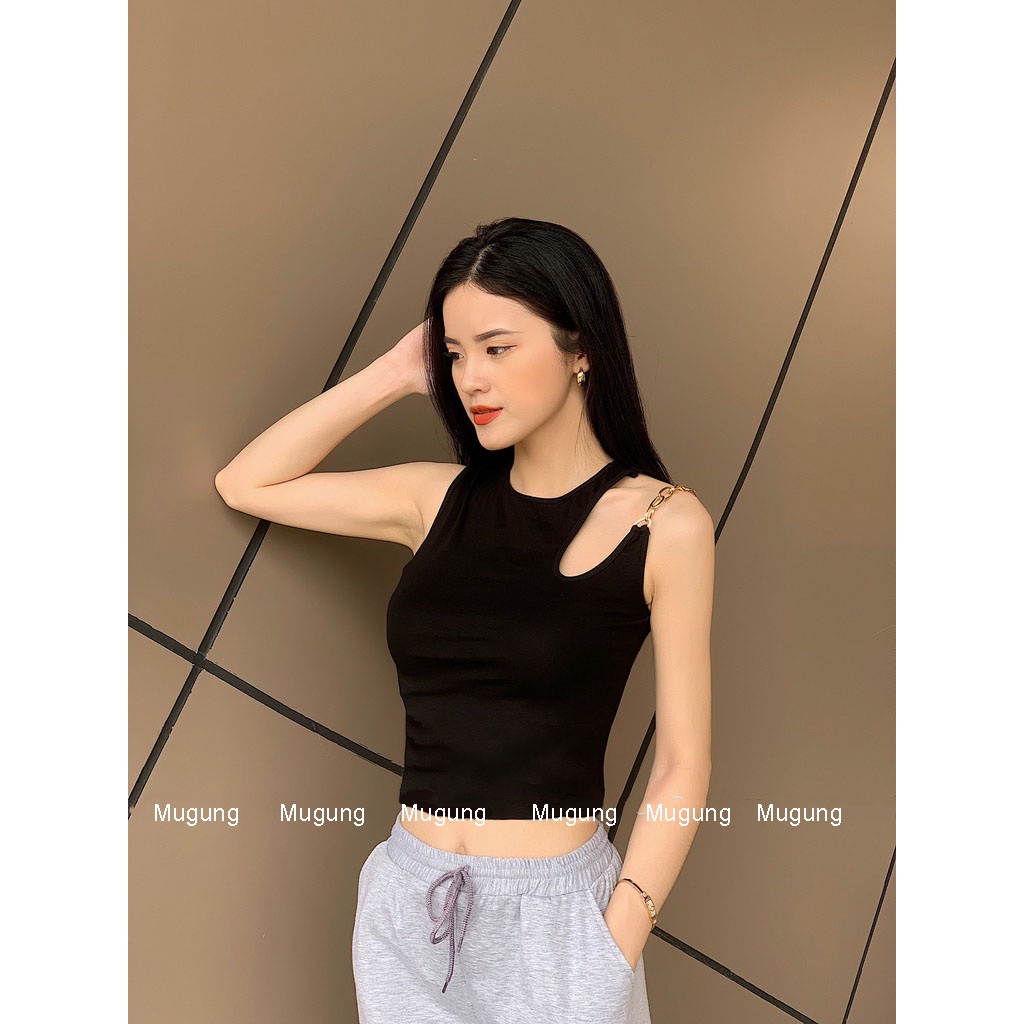 Áo croptop nữ khoét vai Mugung Áo ba lỗ phối dây xích A28