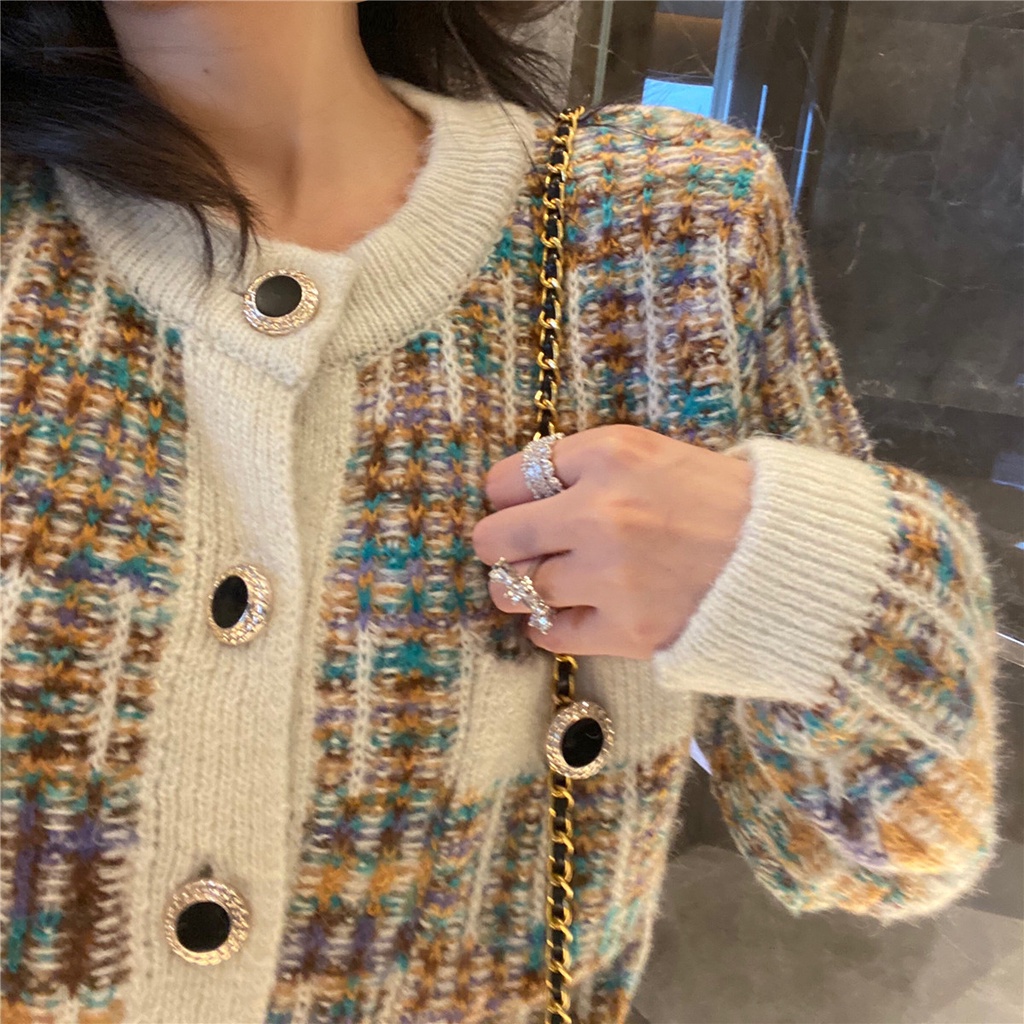 Áo cardigan dệt kim kẻ sọc màu cầu vồng thời trang mùa thu cho nữ