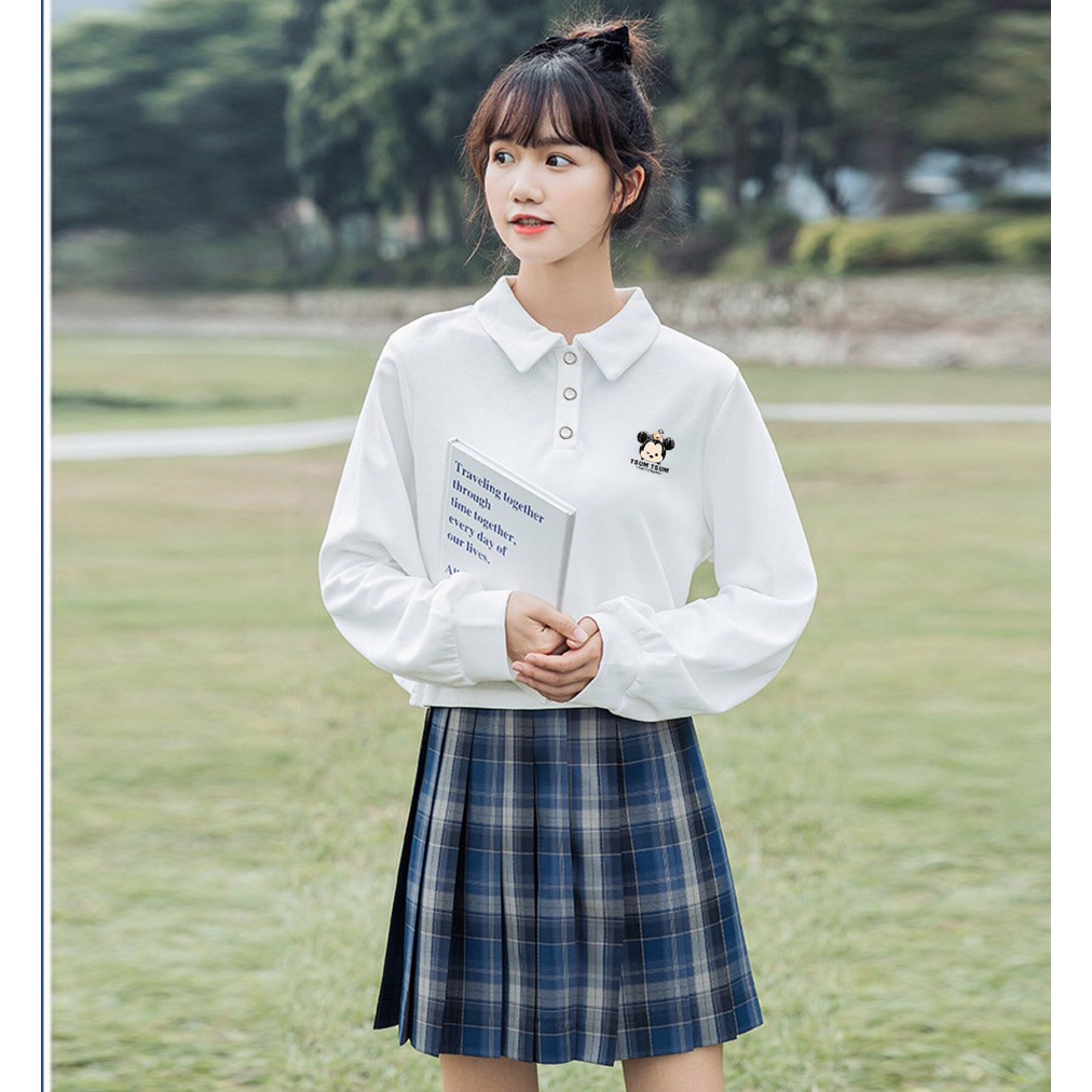 Áo sweater polo cổ bẻ dài tay chất nỉ da cá ALALA Dài Tay Dáng Suông Trơn in hình gấu Tsum