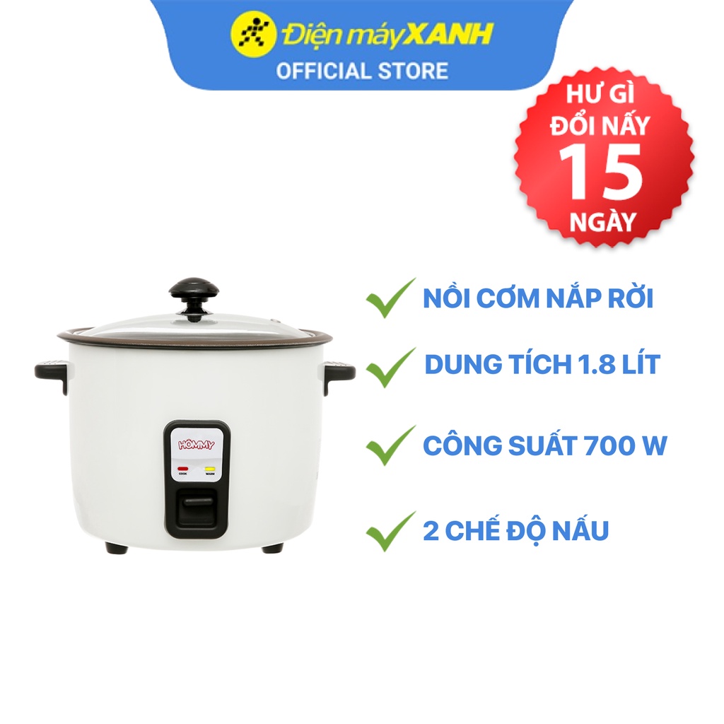 Nồi cơm điện nắp rời Hommy NCR1803 1.8 lít  700 W lòng nồi chống dính - Chính hãng BH 12 tháng - Sản xuất tại Việt Nam