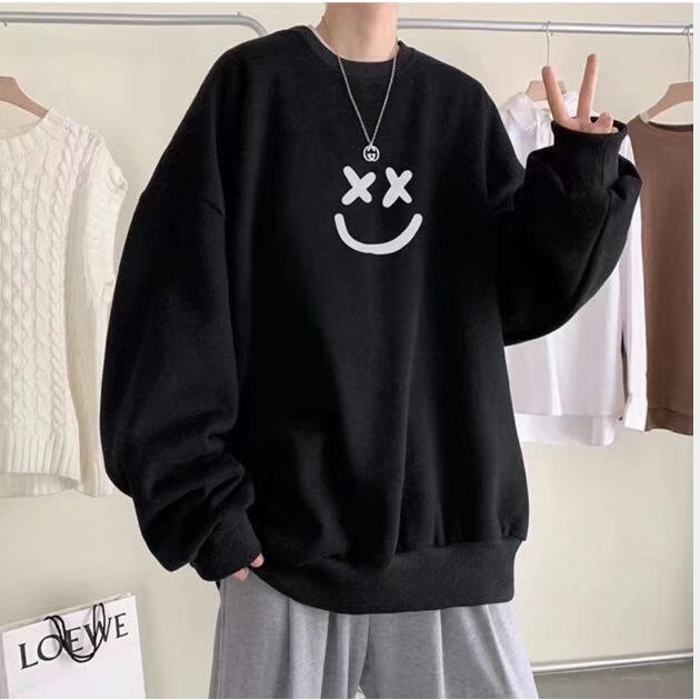 【Hàng Mới】Áo hoodie tay dài dáng rộng in hình mặt cười màu trắng đen phong cách Hàn Quốc cho nam và nữ